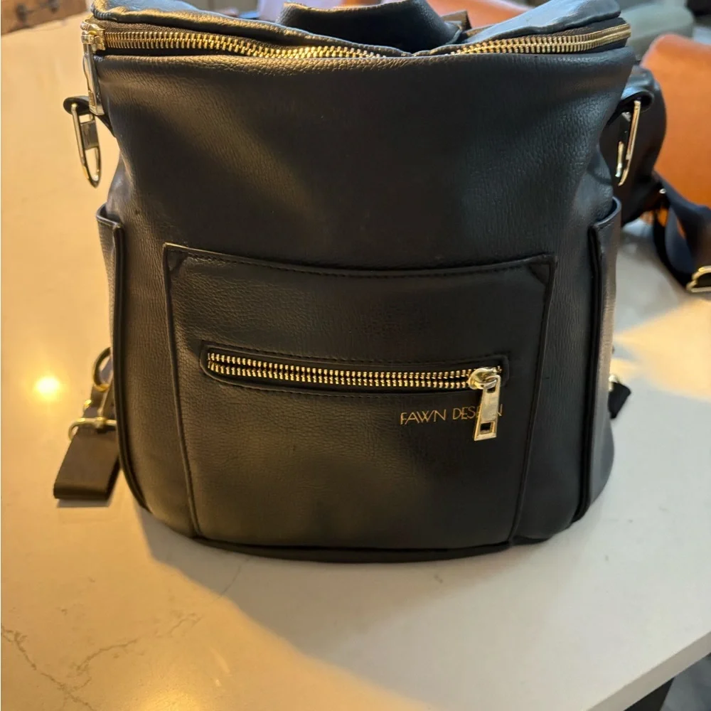 Fawn Design Black Leather Backpack with Gold Hardware